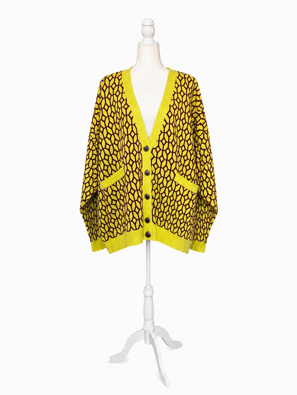 Oversized Lime Burgundy Geometric Jacquard Knit Cardigan OS